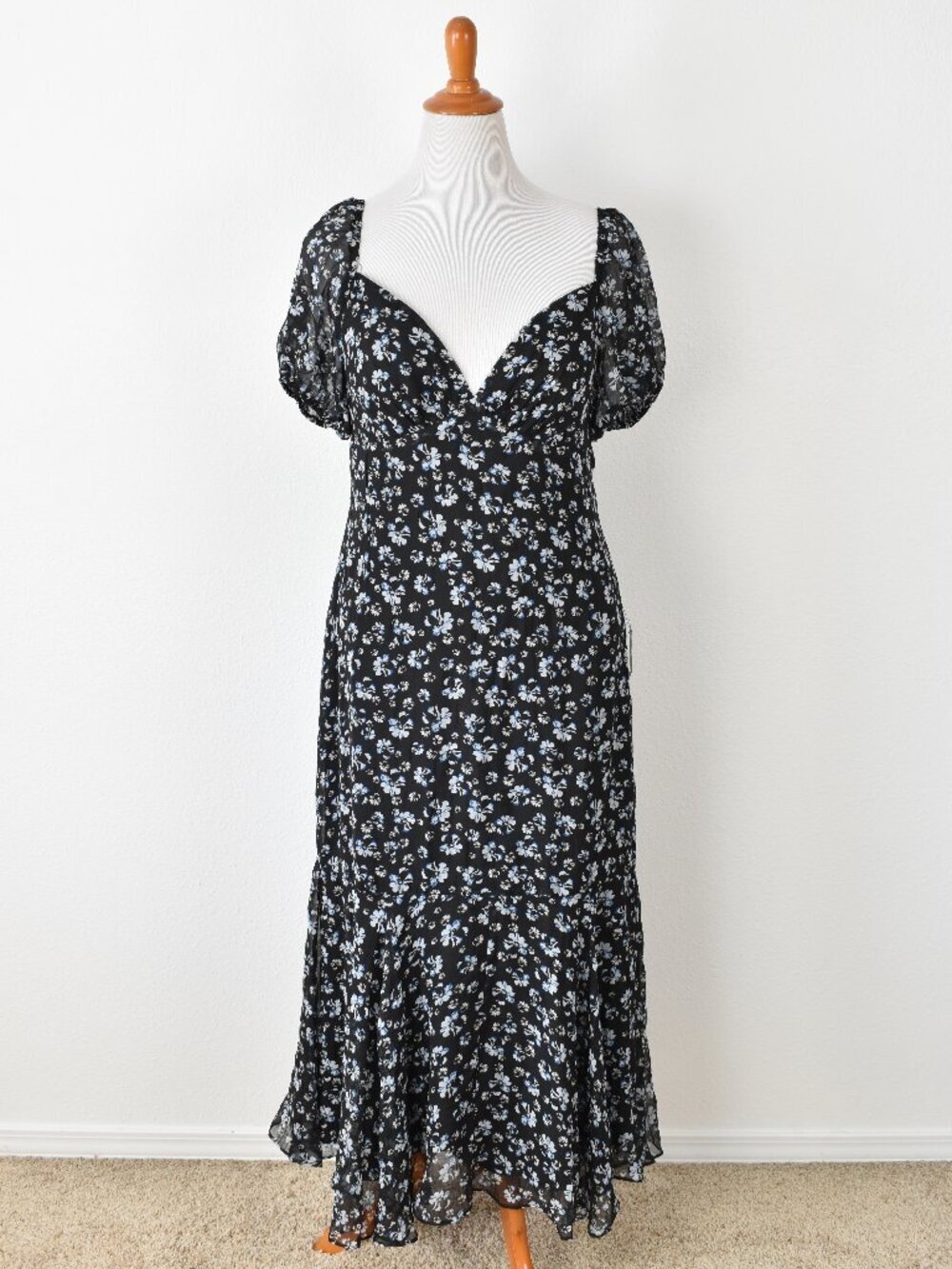 Lulu's Gorgeous Inspiration Black Floral Puff Sleeve Midi Dress NEW - XL